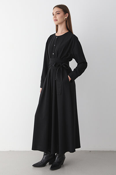 JASTE Γυναικείο μαύρο μάξι φόρεμα με κουμπιά στη μέση