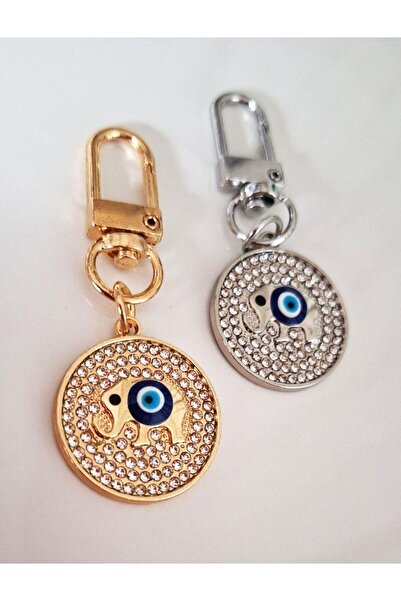 Svc Aksesuar Gift 2-Piece Zircon Stone Elephant Detailed Evil Eye Beaded Keychain 6.5 cm