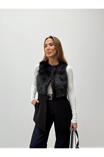 Maldia Shop Women's Fur Detailed Cashmere Black Vest