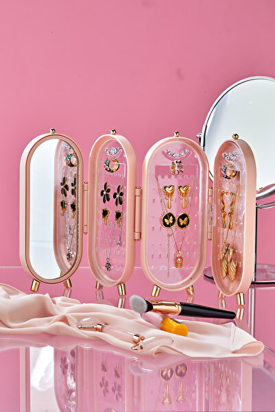 espashome Takı Aksesuar Standı – Yüzük, Kolye, Küpe Katlanabilir Seyahat Organizeri - Pembe