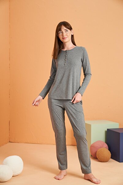 PJS Women's Patchwork Round Neck Long Sleeve Pajama Set