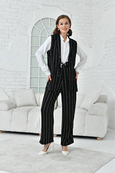 ZAVERA WOMAN Women's Crepe Fabric Striped 3-Piece Set - Women's Clothing - Stylish Set Vest - Shirt - Pants