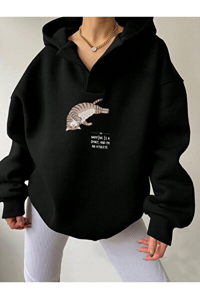 Deocept Φούτερ Unisex Μαύρο με λαιμόκοψη σε σχήμα V με κουκούλα Lazy Cat με τύπωμα oversized
