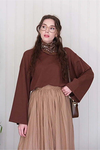 Tesettür Diyarı Modal Fabric Spanish Sleeve Tunic - Bitter Brown Standard (Fi...