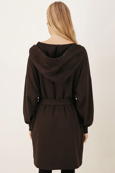 armonika Women's Brown Belted Coat with Pockets Hooded Oversized Cashmere Coat Arm-26K001025