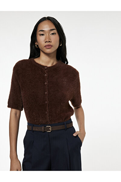 Koton Short Sleeve Crew Neck Plush Knit Cardigan