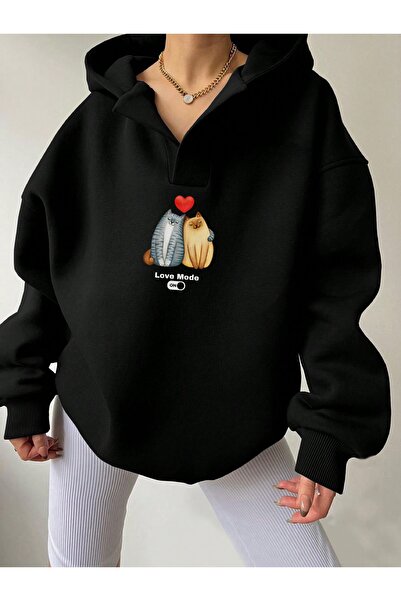 Deocept Φούτερ Unisex Μαύρο με λαιμόκοψη σε σχήμα V με κουκούλα Love Cat με τύπωμα oversized