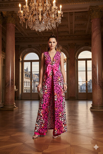 Robes Leopar Desenli Uzun Yelek | Siyah Kuşak Detaylı | Astarlı Kolsuz Ceket Elbise-7009