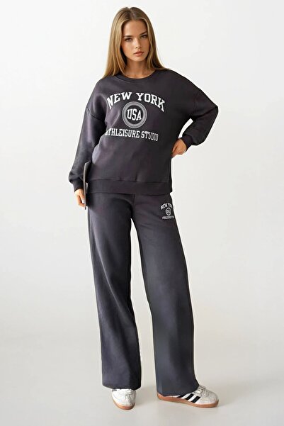 VAGGON Women's Anthracite Printed Oversized Sweatshirt and Wide Leg 3 Thread Tracksuit Set Vs01403