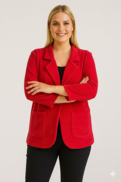 Sibel Günay Butik Kadife İtalyan Kesim Blazer Kırmızı Kadın Ceket | Standart Beden (48’e Uyumlu)