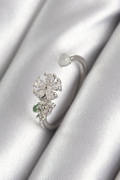 Skygo خاتم نسائي نحاسي فضي اللون مرصع بحجر الزركون على شكل زهرة - TJ-BYK3048