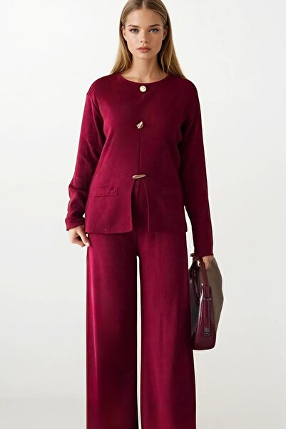 VAGGON Women's Burgundy Button Detailed Long Sleeve Fit Blouse and High Waist Pants Knitwear Set Vs01400