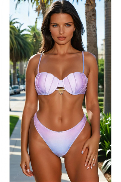embody 2 piece swimsuit, thong bottom, push-up bra shell shape y9118 purple
