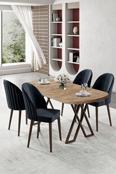 Canisa Kaye Serisi Mdf 90x168 Atlantik Çam Mutfak Masa Takımı 4 Antrasit Sand...