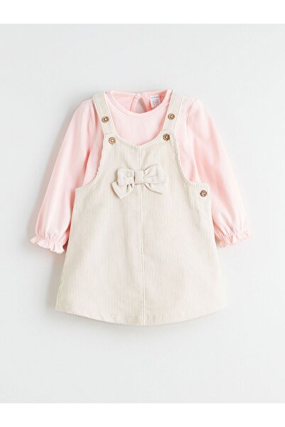 LC Waikiki Velvet Baby Girl Salopet Dress and T-Shirt with Bow Detail