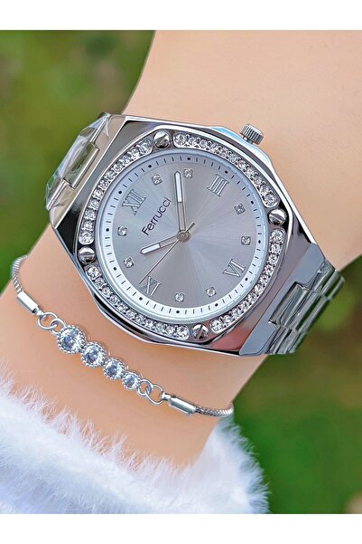 Ferrucci Silver Color Dial Zircon Stone Steel Band Women's Wristwatch with Bracelet Gift