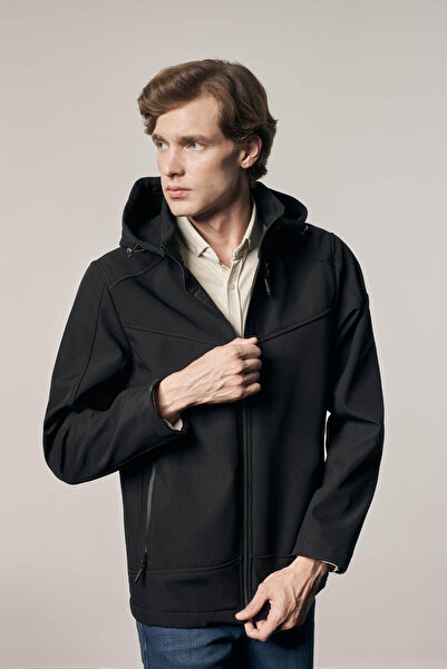 İmza Mock Neck Detachable Hooded Slim Fit Casual Black Men's Coat 1007255132