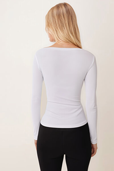 armonika Women's White Boat Neck Long Sleeve Body Blouse Arm-26K135013