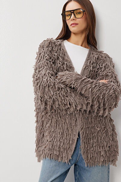Lovelyİstanbul Fringed Oversized Knitwear Cardigan Lki̇0046 Vi̇zon