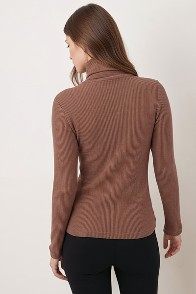 armonika Women's Light Brown V-Neck Front Button Shawl Detail Soft Textured Cardigan Arm-26K001032