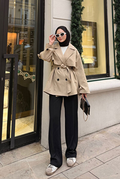 LOCCO Kadın Önü Parça Detaylı Kısa Trenç Vizon