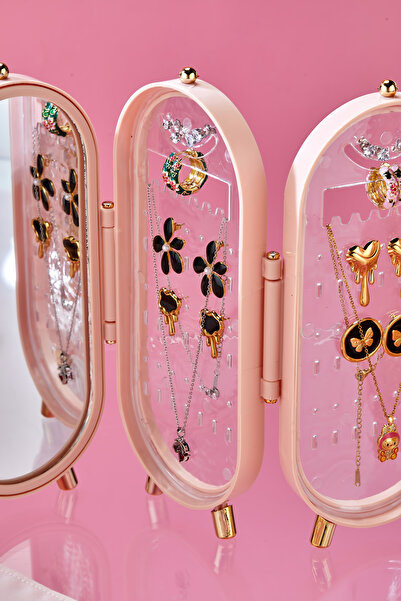 espashome Takı Aksesuar Standı – Yüzük, Kolye, Küpe Katlanabilir Seyahat Organizeri - Pembe