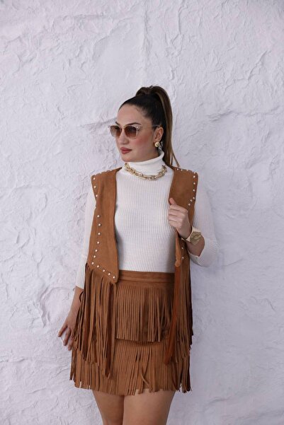 BRGCLOTHING Set de vestă cu fustă cu ciucuri din piele de căprioară autentică