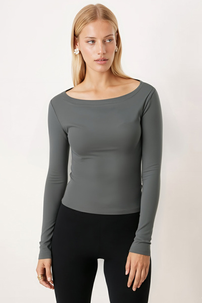 armonika Women's Khaki Boat Neck Long Sleeve Body Blouse Arm-26K135013