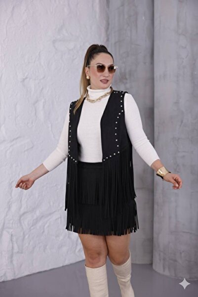 BRGCLOTHING Set de vestă cu fustă cu ciucuri din piele de căprioară autentică