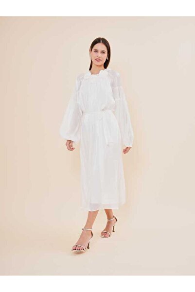 SERPİL Saten Görünümlü Piliseli Uzun Kol Kemerli Elbise 50417