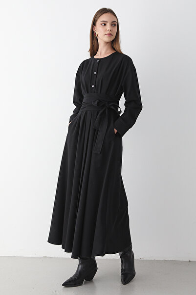 JASTE Γυναικείο μαύρο μάξι φόρεμα με κουμπιά στη μέση