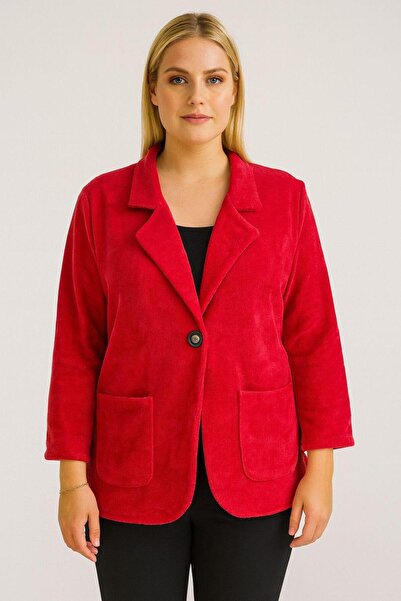 Sibel Günay Butik Kadife İtalyan Kesim Blazer Kırmızı Kadın Ceket | Standart Beden (48’e Uyumlu)
