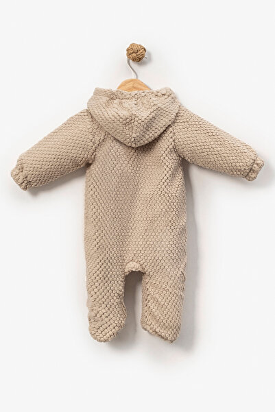 mini mia Baby Zippered Hooded Welsoft Soft Embossed Romper with Teddy Bear Emblem