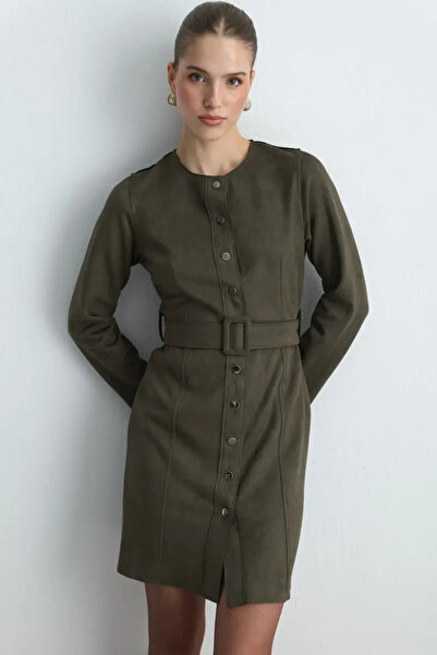 Gusto Beli Belted Suede Dress - Khaki