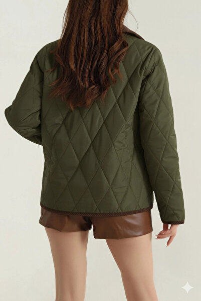 hazelin Palton matlasat pentru femei, kaki, cu închidere cu capse, cu detalii din catifea HZL25W-BD152261