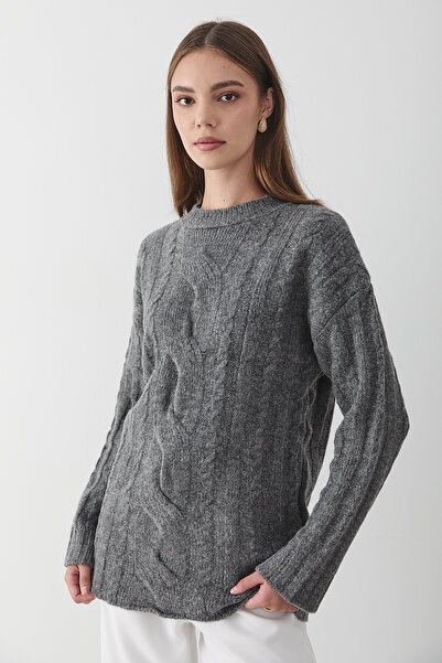 JASTE Kadın Antrasit Örgü Desenli Triko kazak