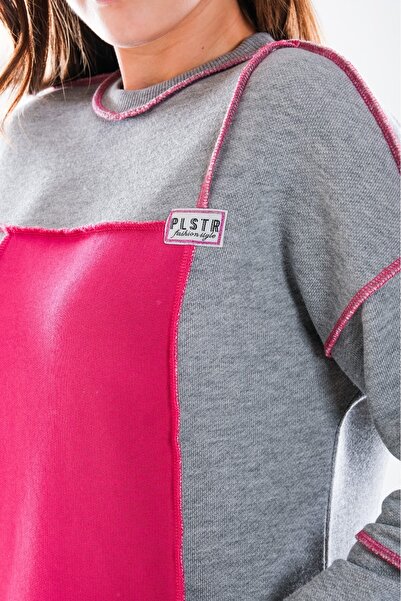 Plistre 2277_Women's Hijab Homewear Tracksuit Set – Crew Neck Sweatshirt, Stitching Detail, Carrot Fit, Fuchsia Gray