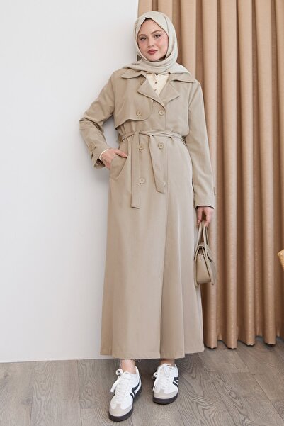 InStyle Kapak Detay Uzun Astarlı Sütlü Kahve Trençkot