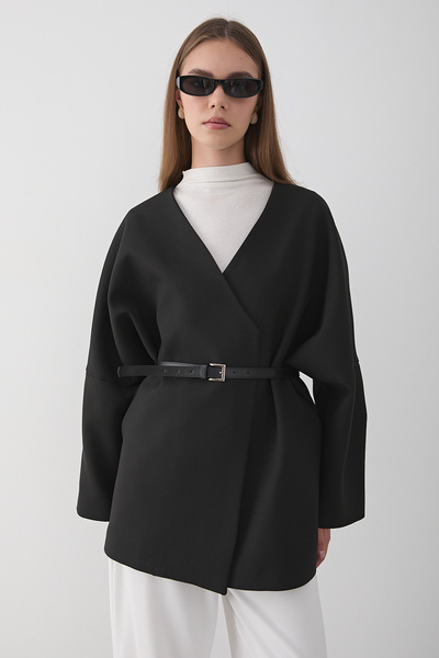 JASTE Women's Black Double-Breasted Collar Kimona with Belt Detail