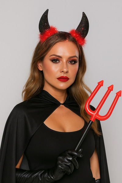 DODOMAR Halloween Cadılar Bayramı Taç Şeytan Tacı Simli Siyah Boynuzlu Kırmız...