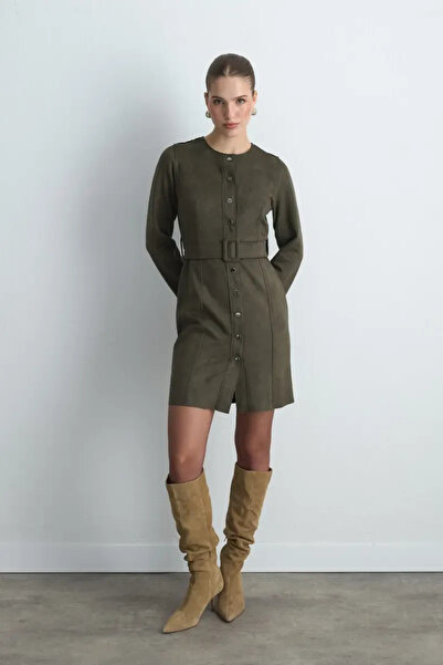 Gusto Beli Belted Suede Dress - Khaki