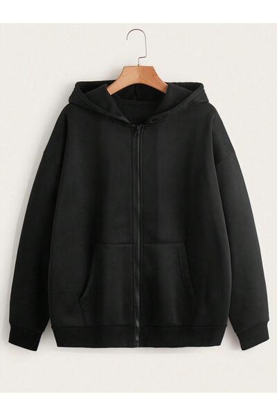 MODAGEN Unisex Kapüşonlu Fermuarlı Siyah Hırka Bisiklet Yaka Grimelanj Sweatshirt Takım