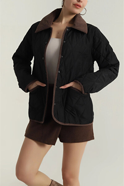 hazelin Women's Black Snap Closure Velvet Detailed Quilted Coat Hzl25W-Bd152261