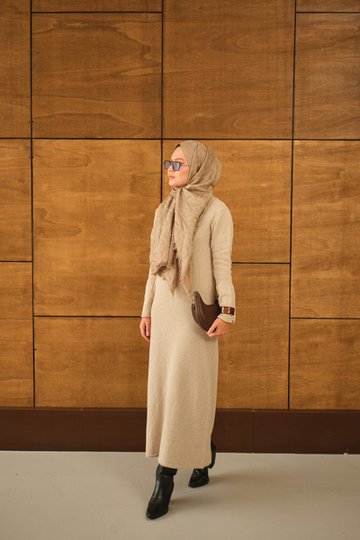 LOCCO Kadın Geniş Kol Triko Elbise Krem