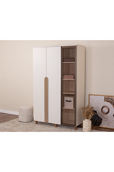 DONACO İtra 3 Kapaklı Gardırop – Krem Gövde, Krem MDFLAM Camlı Kapak