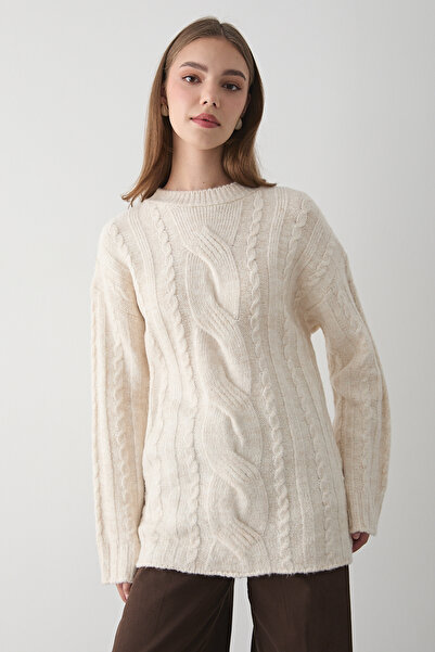 JASTE Kadın Bej Örgü Desenli Triko kazak