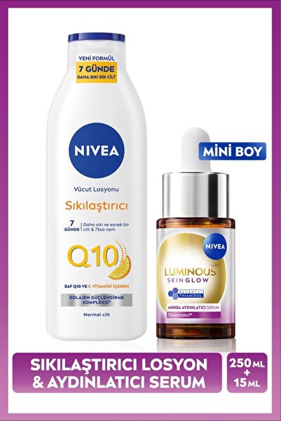 NIVEA Luminous630 Skin Glow Anında Aydınlatıcı Serum 15ml ve Q10 Sıkılaştırıcı Vücut Losyonu 250ml
