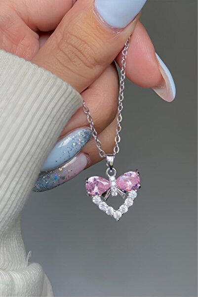 The Collection Pink Bow Zircon Stone Heart Steel Necklace Non Tarnish Silver Zircon Stone Steel Necklace