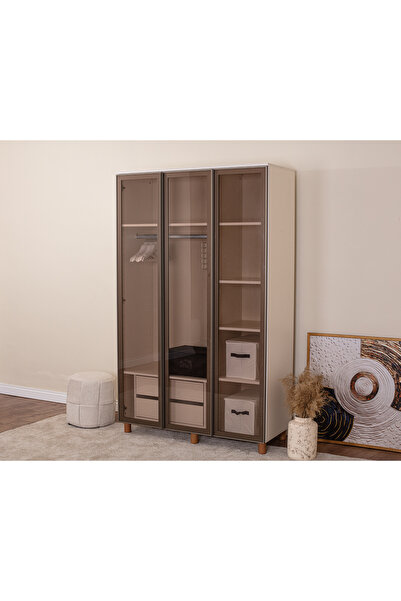 DONACO İtra 3 Kapaklı Gardırop – Krem Gövde, Camlı Kapak