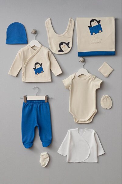 Bebitof 100% Cotton Trolley Penguin Patterned 10 Piece Boxed Newborn Hospital Discharge Set Bbtf.Mv.100